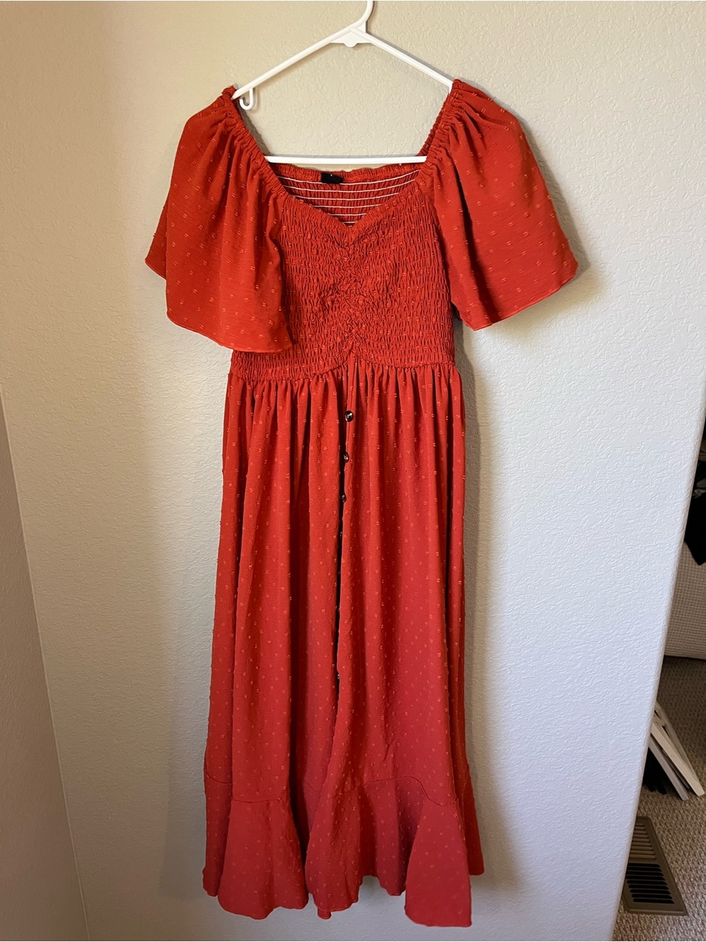 CiciDudu Rust Orange Smocked Swiss Dot Maxi Dress Large Boho Cottagecore